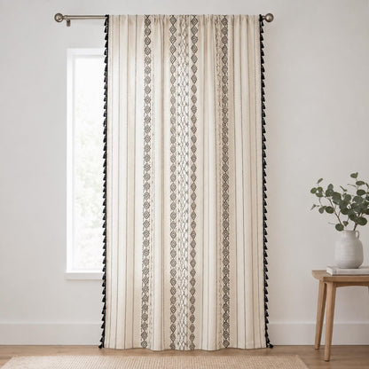 Boho Geometric Cotton Linen Curtain with Black Tassel Trim