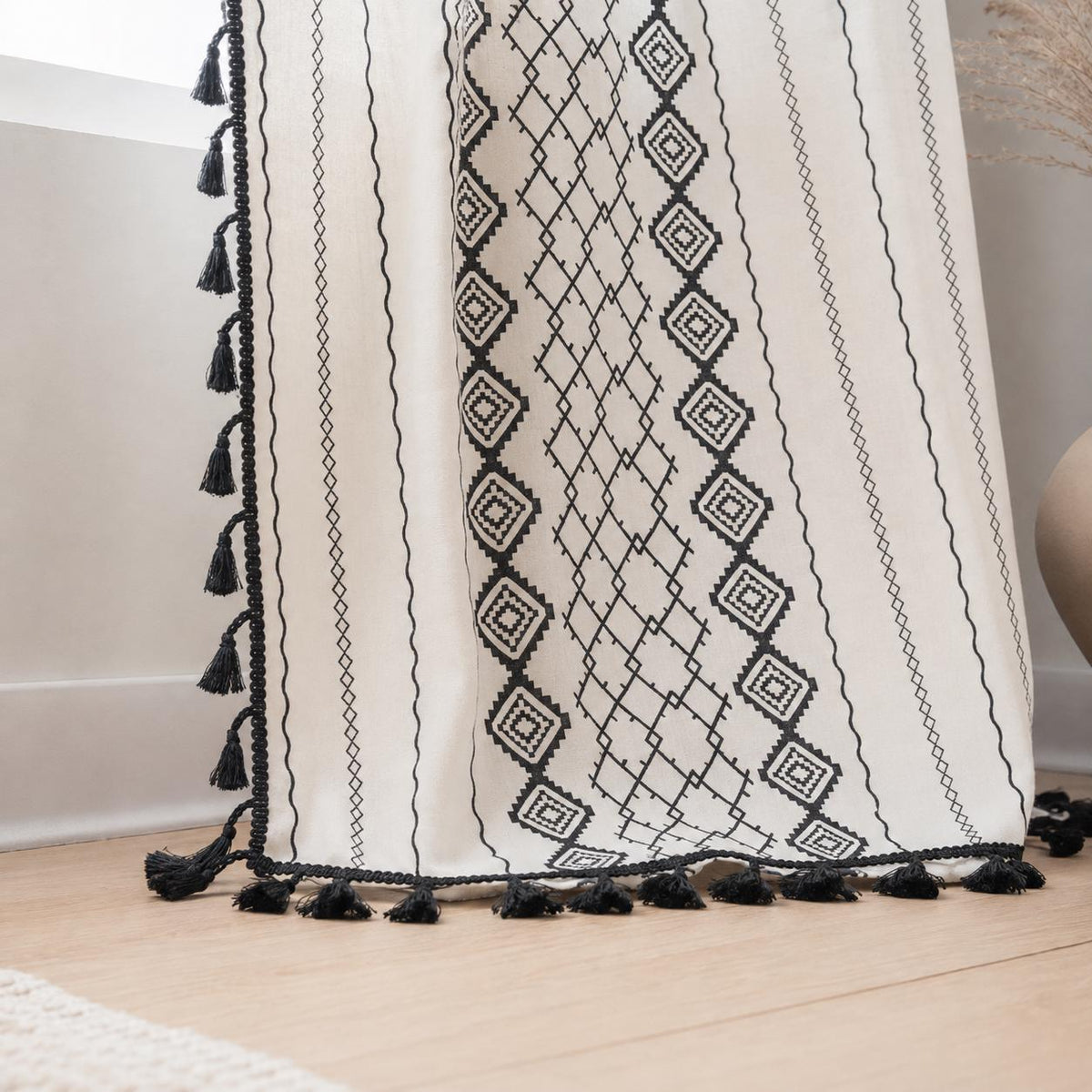 Boho Geometric Cotton Linen Curtain with Black Tassel Trim