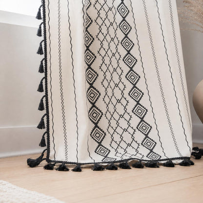 Boho Geometric Cotton Linen Curtain with Black Tassel Trim