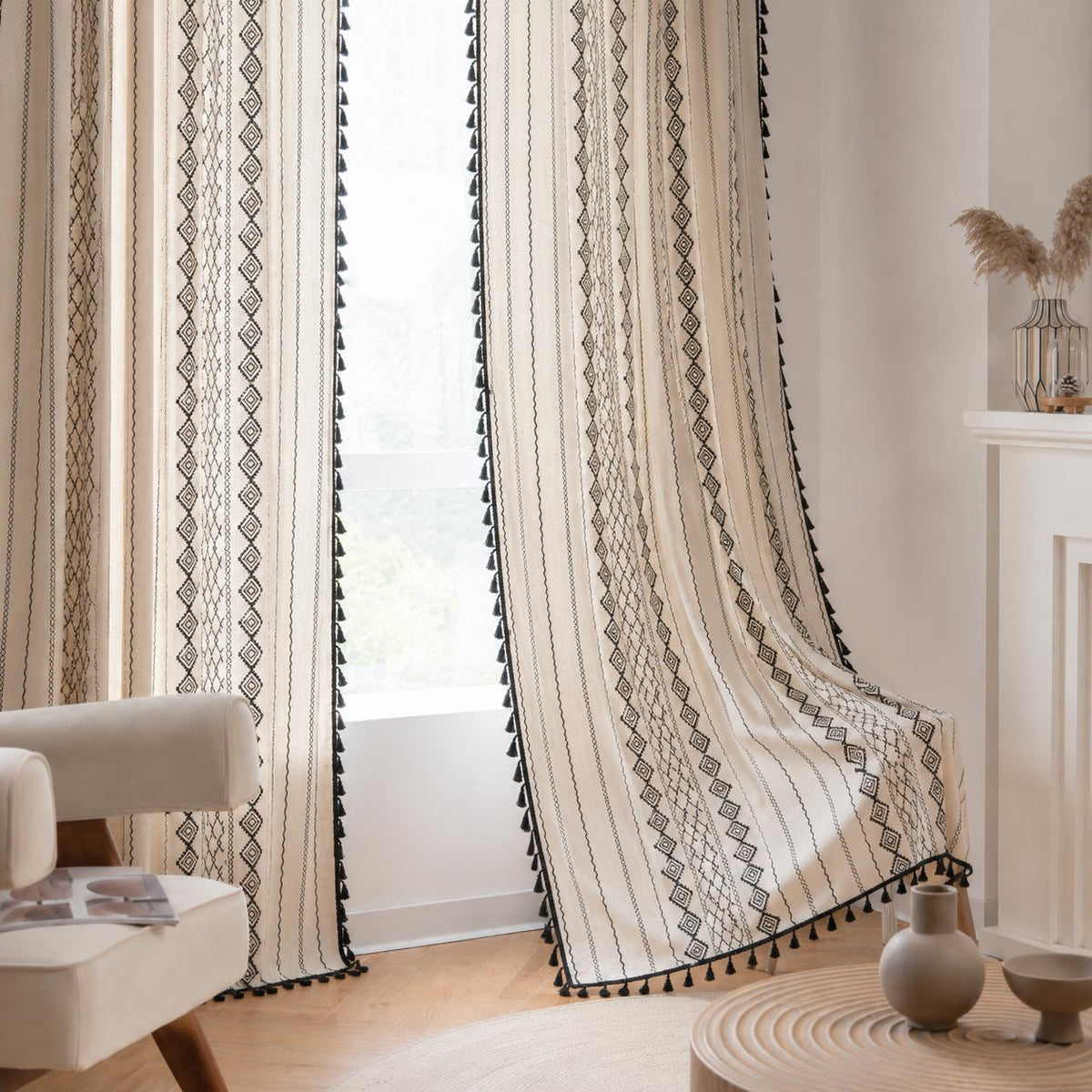 Boho Geometric Cotton Linen Curtain with Black Tassel Trim