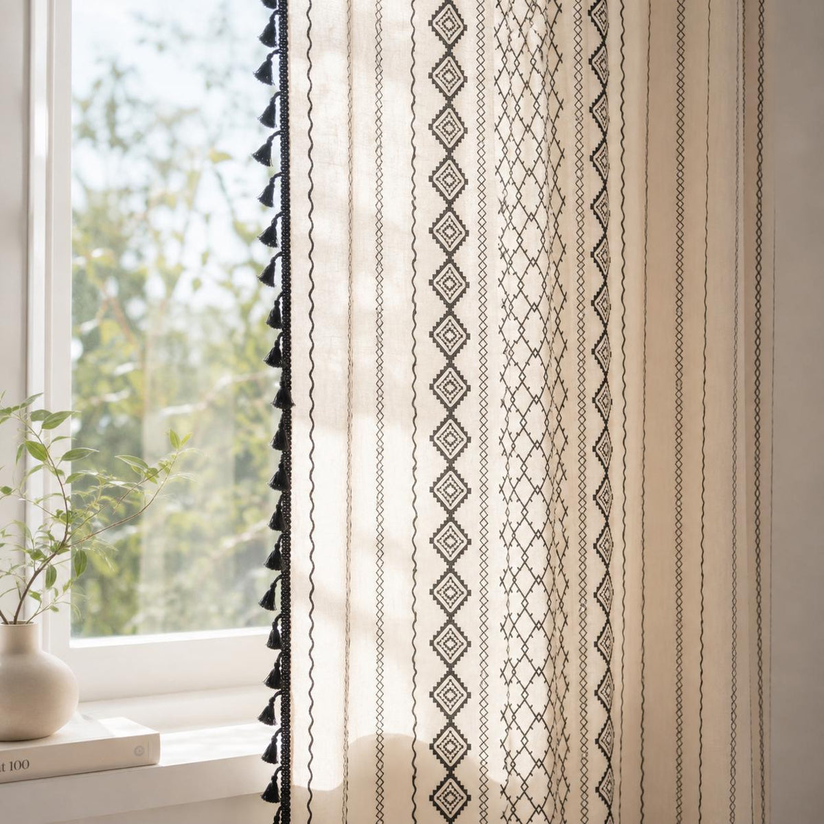 Boho Geometric Curtains, Black Tassel Cotton Linen Window Panel, Light Filtering Drapes
