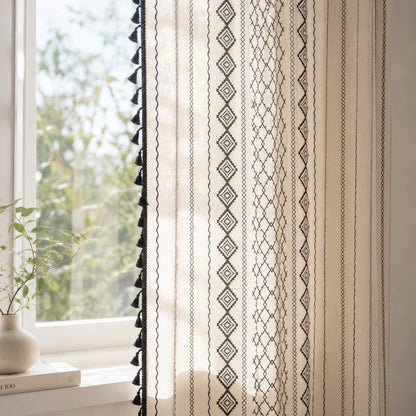 Boho Geometric Curtains, Black Tassel Cotton Linen Window Panel, Light Filtering Drapes