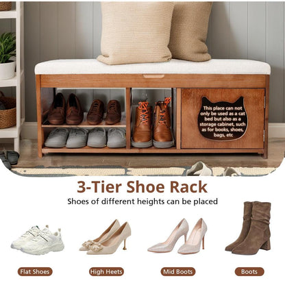 Solid Wood Entryway Bench with Cat Cabinet and Hidden Storage Compartment