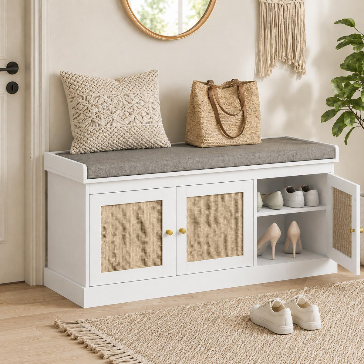 White Rattan Entryway Storage Bench with Cushion, Boho Hallway Seating, Adjustable Shelves