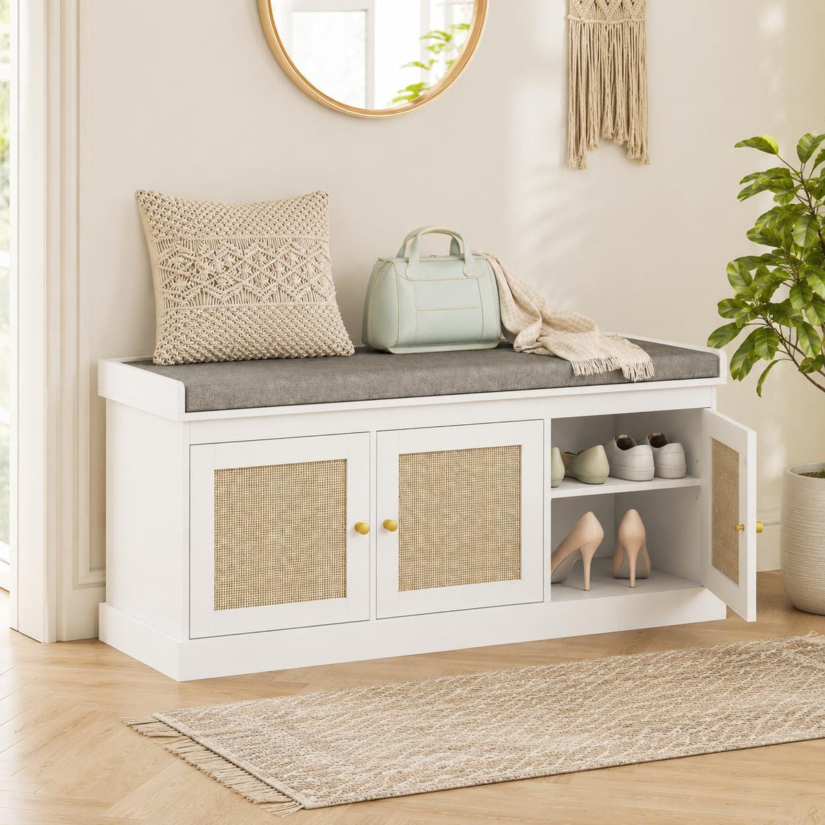 White Rattan Entryway Storage Bench with Cushion, Boho Hallway Seating, Adjustable Shelves