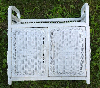 White Wicker Bathroom Wall Cabinet Vanity Shelf 2-Door Rattan Hanging