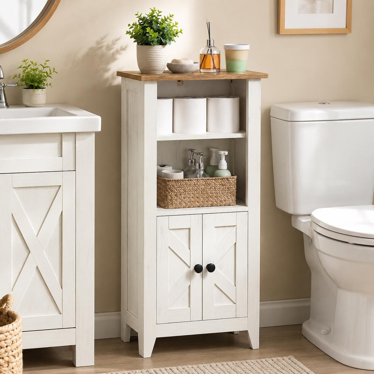 Farmhouse Bathroom Storage Cabinet | Small Space Saver Over Toilet Organizer | White Wood Freestanding Linen Cabinet with Doors & Shelf