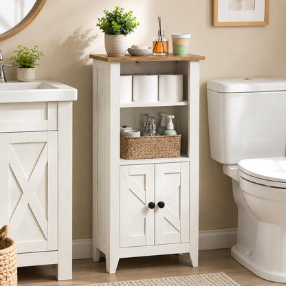 Farmhouse Bathroom Storage Cabinet | Small Space Saver Over Toilet Organizer | White Wood Freestanding Linen Cabinet with Doors & Shelf