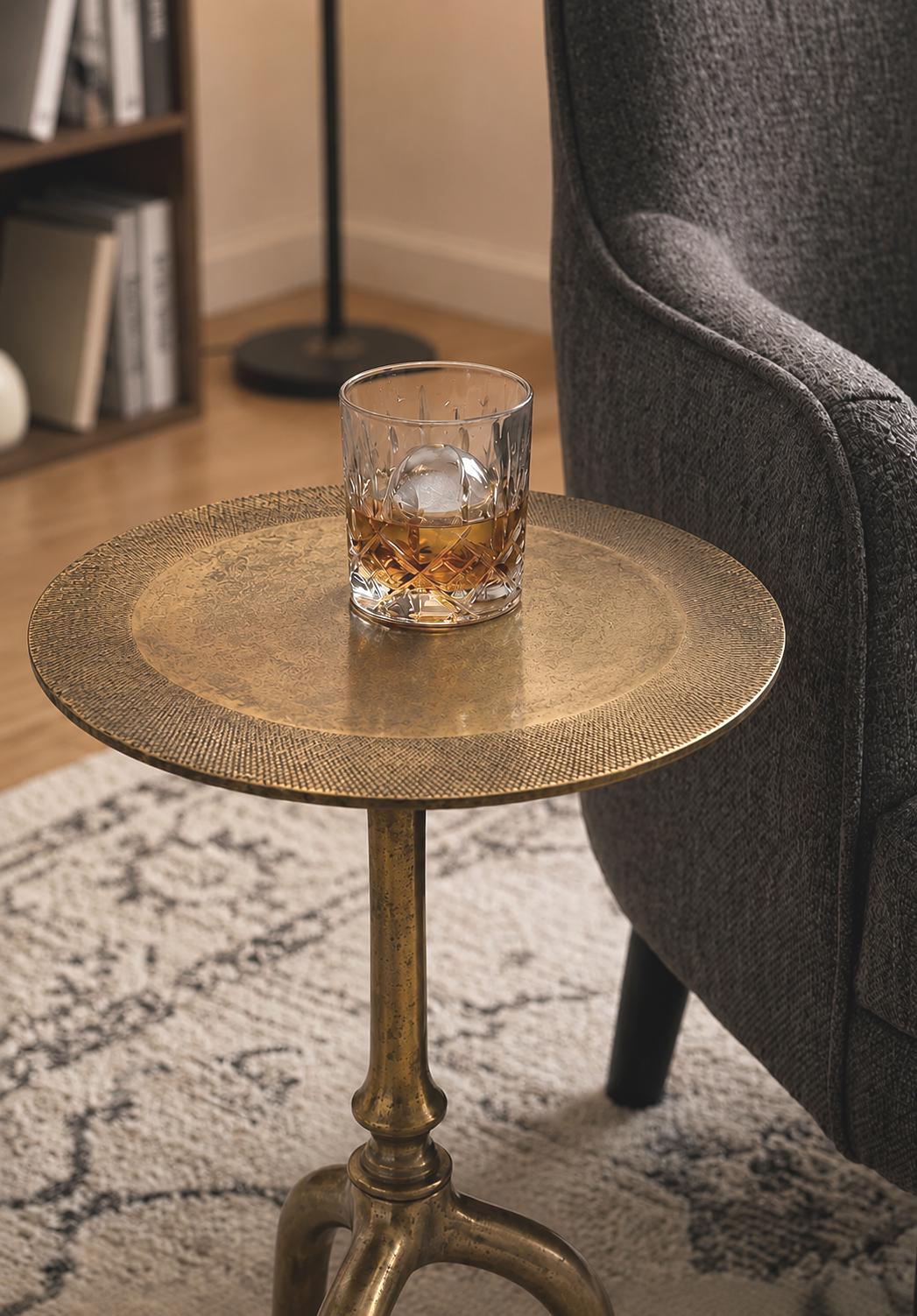 Handmade  Round Brass Side Table with Lines Textured Top | Luxury Designer Drink Table