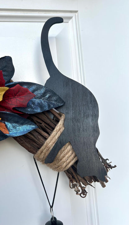 Black Cat Halloween Wreath:LED Lantern,Halloween Door Decor,Pumpkins,October Front Door Hanger,Autumn Boho Dec,Spooky Half Moon Kitty Wreath