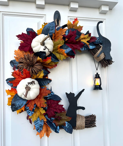 Black Cat Halloween Wreath:LED Lantern,Halloween Door Decor,Pumpkins,October Front Door Hanger,Autumn Boho Dec,Spooky Half Moon Kitty Wreath