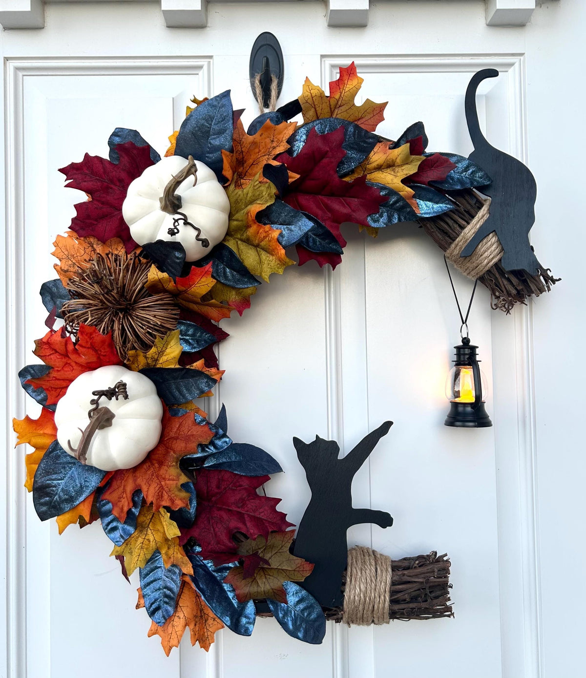 Black Cat Halloween Wreath:LED Lantern,Halloween Door Decor,Pumpkins,October Front Door Hanger,Autumn Boho Dec,Spooky Half Moon Kitty Wreath
