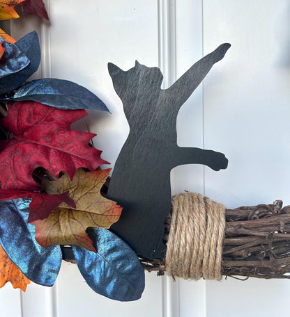 Black Cat Halloween Wreath:LED Lantern,Halloween Door Decor,Pumpkins,October Front Door Hanger,Autumn Boho Dec,Spooky Half Moon Kitty Wreath