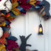 Black Cat Halloween Wreath:LED Lantern,Halloween Door Decor,Pumpkins,October Front Door Hanger,Autumn Boho Dec,Spooky Half Moon Kitty Wreath