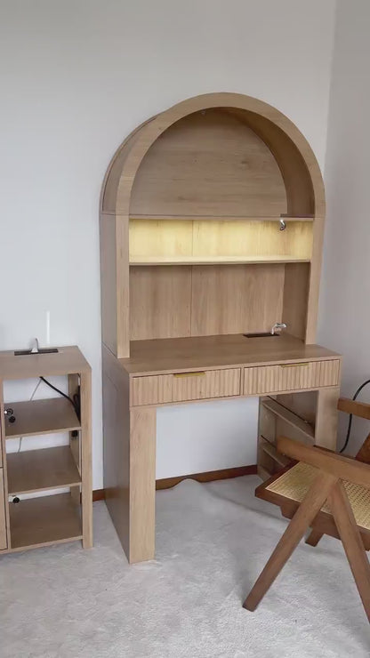 Arched Home Office Desk with Hutch, LED Lights & Charging Station - MDF Wood