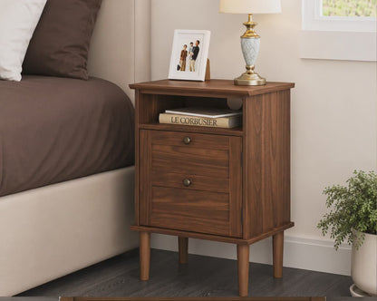 Modern Boho Nightstand, Wooden Bedside Table with Storage Drawer and Open Shelf, Bedroom End Table, Living Room Side Table, Small Cabinet