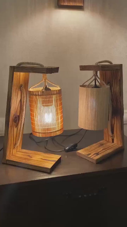 Wood Bedside Table Lamps Set of 2 with Bamboo Shades