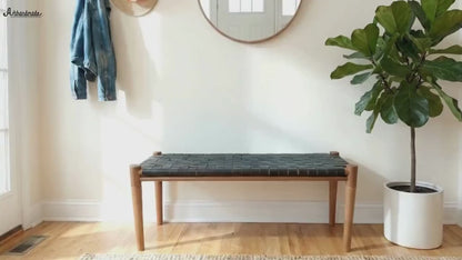 Solid Teak & Black Leather Bench for Entryway, End of Bed, Japandi Furniture