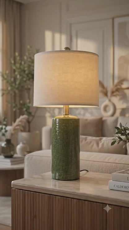 Green Ceramic Table Lamp with Fabric Shade, Modern Farmhouse Bedside Light