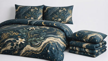 Celestial Botanical Duvet Cover Set – Dark Academia Navy Gold Bedding