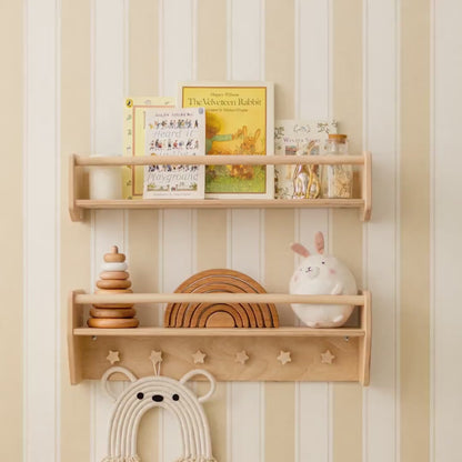 Natural Toddler Shelf for Toys & Books – Montessori Wooden Wall Shelf with Star Hooks – Kids Clothes Rack – Floating Nursery Room Organizer