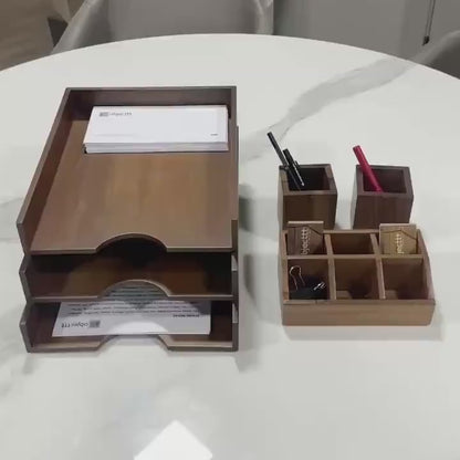 Walnut Office Desk Organizer Set: Wooden Office Accessories